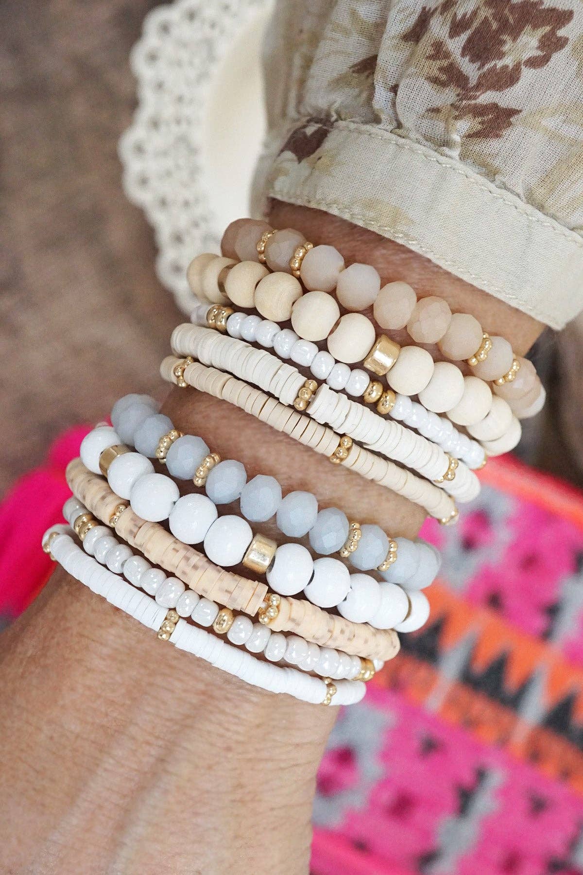 Summer Fresh Neutrals stack clay glass wood beads bracelets set: Whites