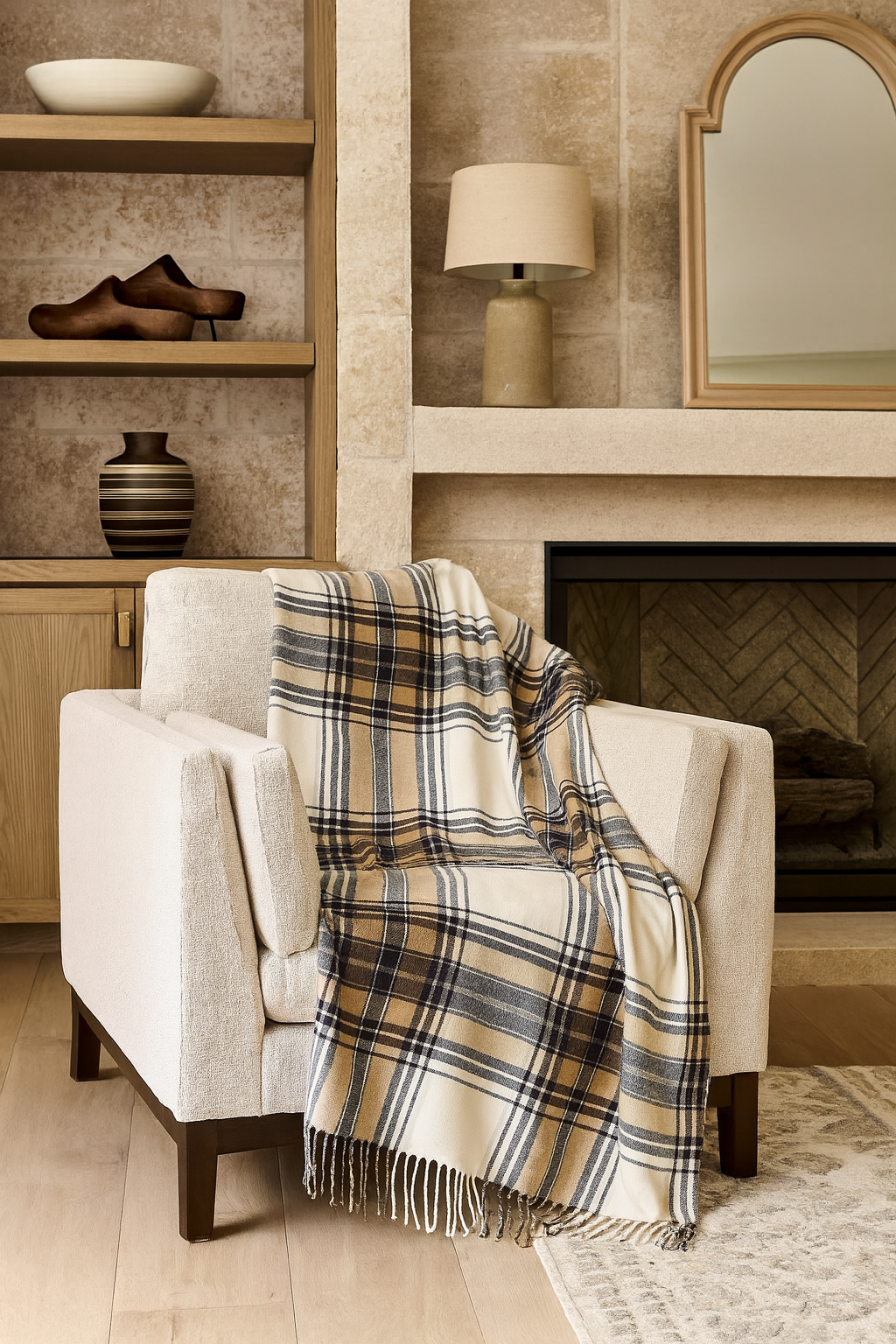 Brown Classic Plaid Tassel Trim Throw Blanket