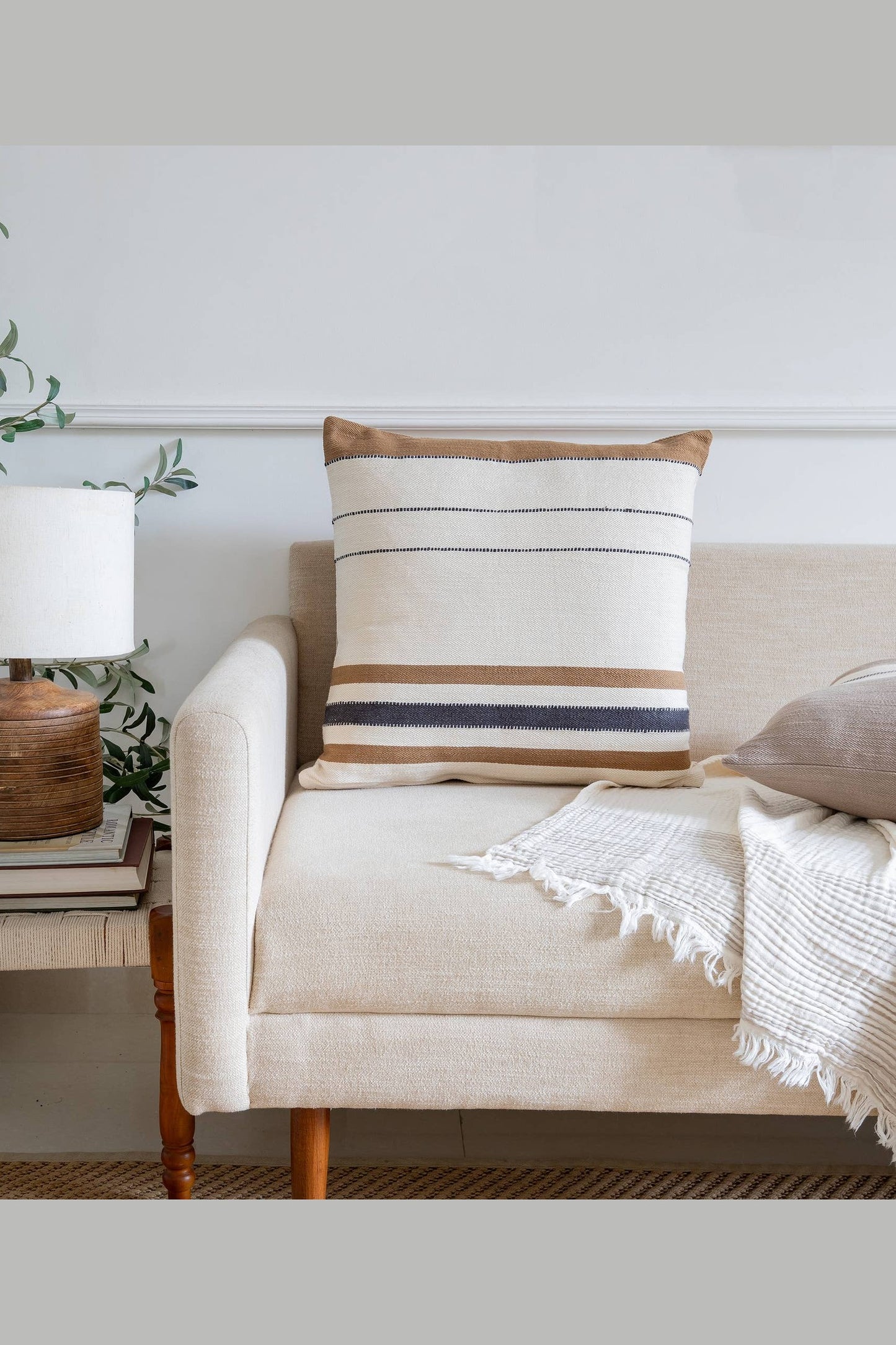 Transitional Hand-Woven Modern Striped Cotton Throw Pillow: Ivory/Brown / Pillow- Poly Filled