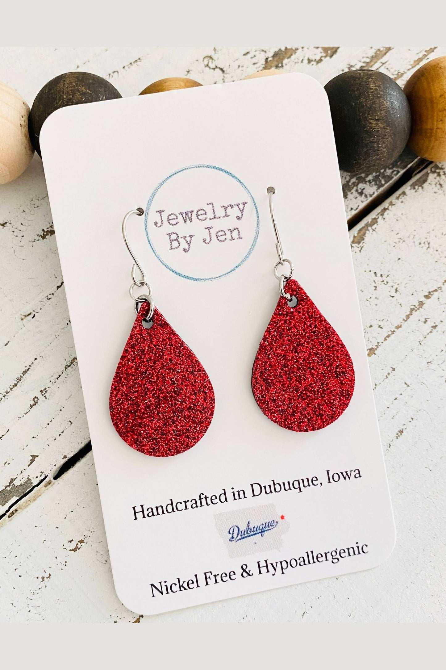 Fine Red Glitter Small Teardrop Earrings