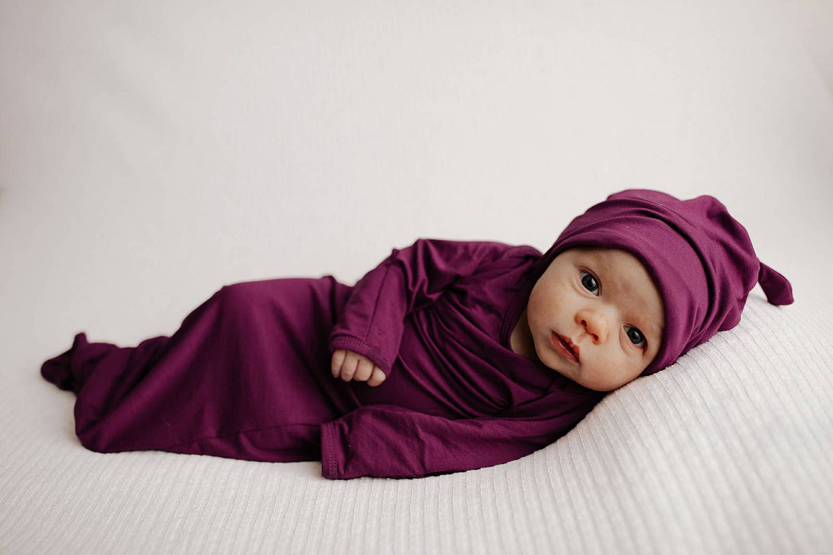 Plum Purple Knotted Newborn Baby Gown : Plum Gown With Bow