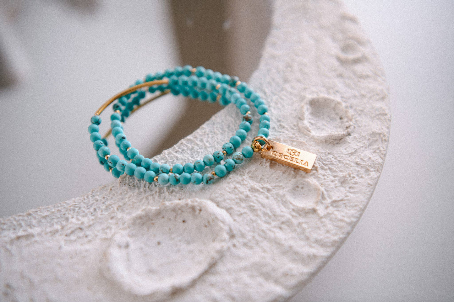 African Turquoise Genuine Gemstone and Gold Double Wrap Bracelet