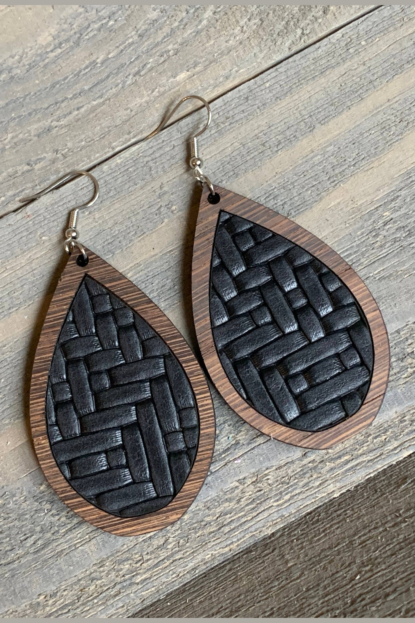 Wood Teardrop Earrings with Black Basket Weave Leather: Medium