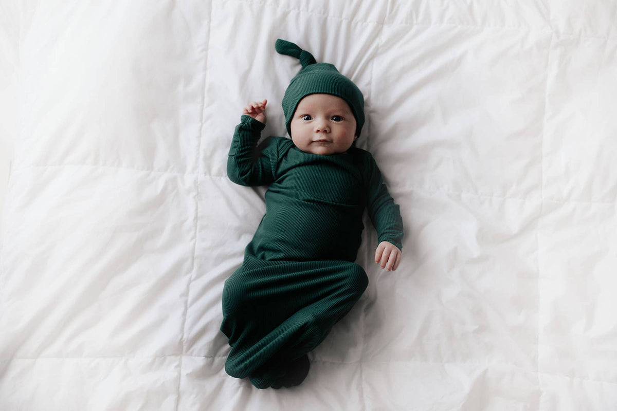 Forest Green Ribbed Knotted Newborn Baby Gown Sleepwear: Gown