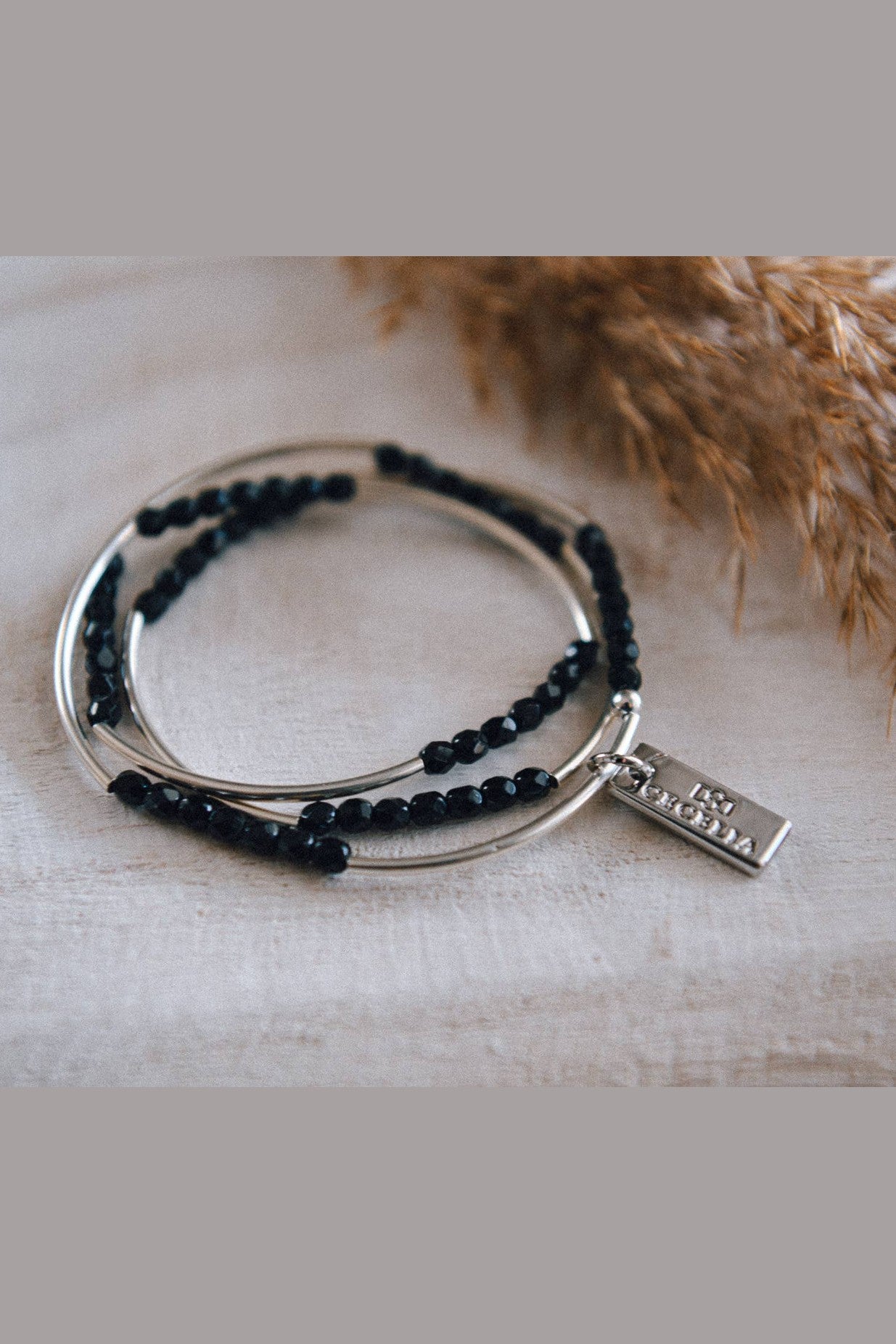 Silver & Black Beaded Triple Wrap Bracelet