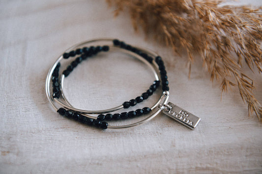 Silver & Black Beaded Triple Wrap Bracelet