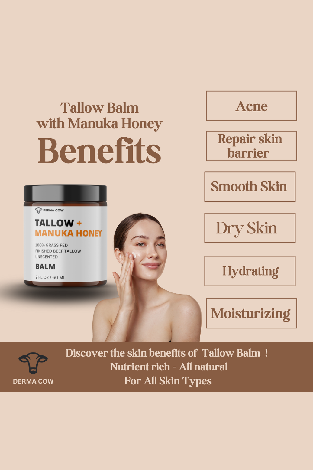 Tallow Balm + Manuka Honey, 100% Grass Fed Beef, 2oz Balm