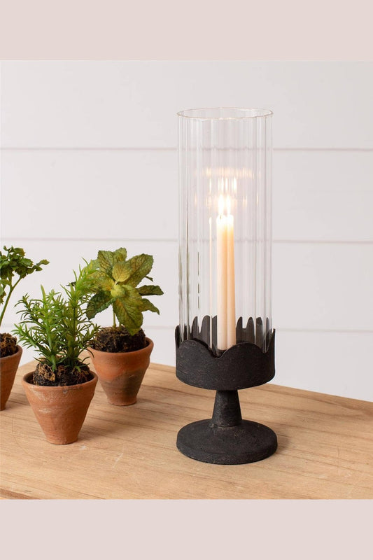 Candle Holder with Dark Pedestal Base, Glass Cylinder