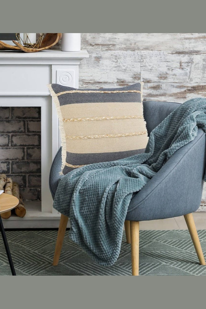 Atlantis Denim Blue and Taupe Throw Pillow with Jute: 20" x 20" / Poly Filled