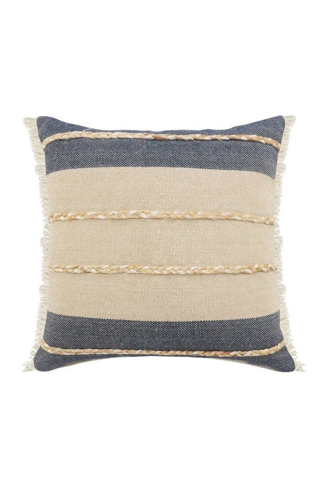 Atlantis Denim Blue and Taupe Throw Pillow with Jute: 20" x 20" / Poly Filled