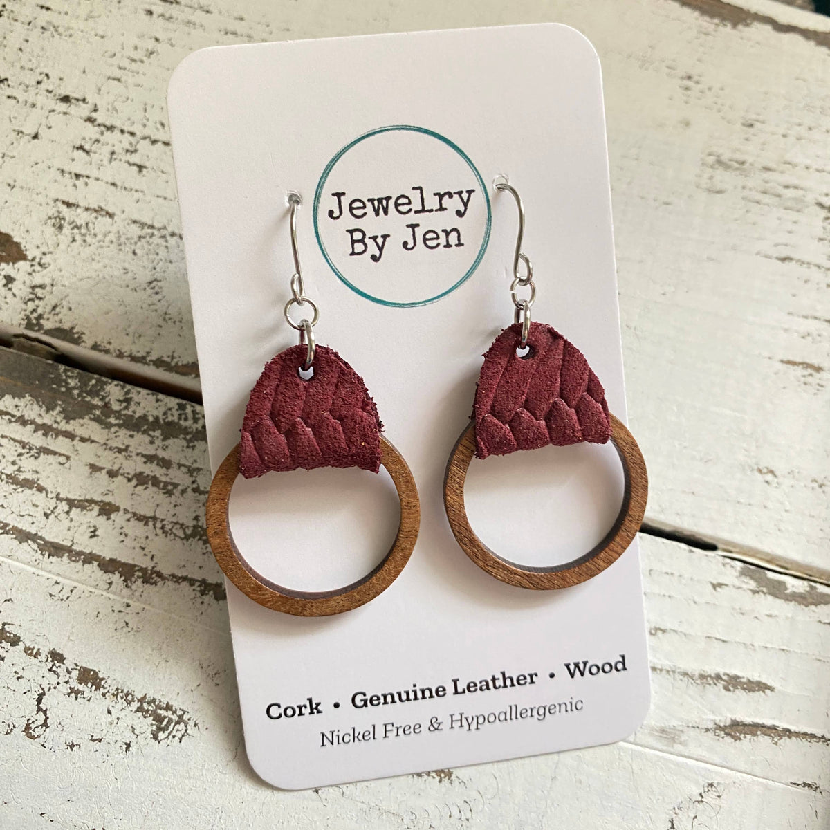 Wood Hoop Earrings: Burgundy Braided