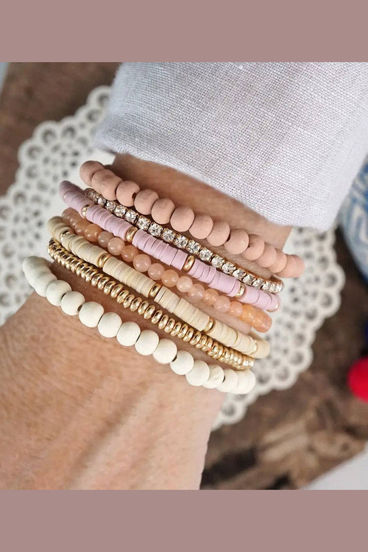 Beaded Bracelets stack of 7 in Pink and Neutral tones