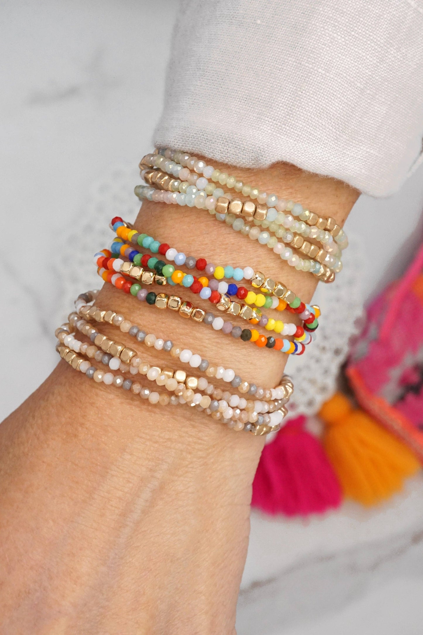 Gold tone 4 layering bracelets stack multi color glass beads: Neutrals mix