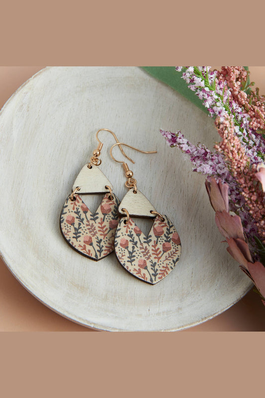 Jolie Wooden Floral Print Triangle Gold Drop Earrings