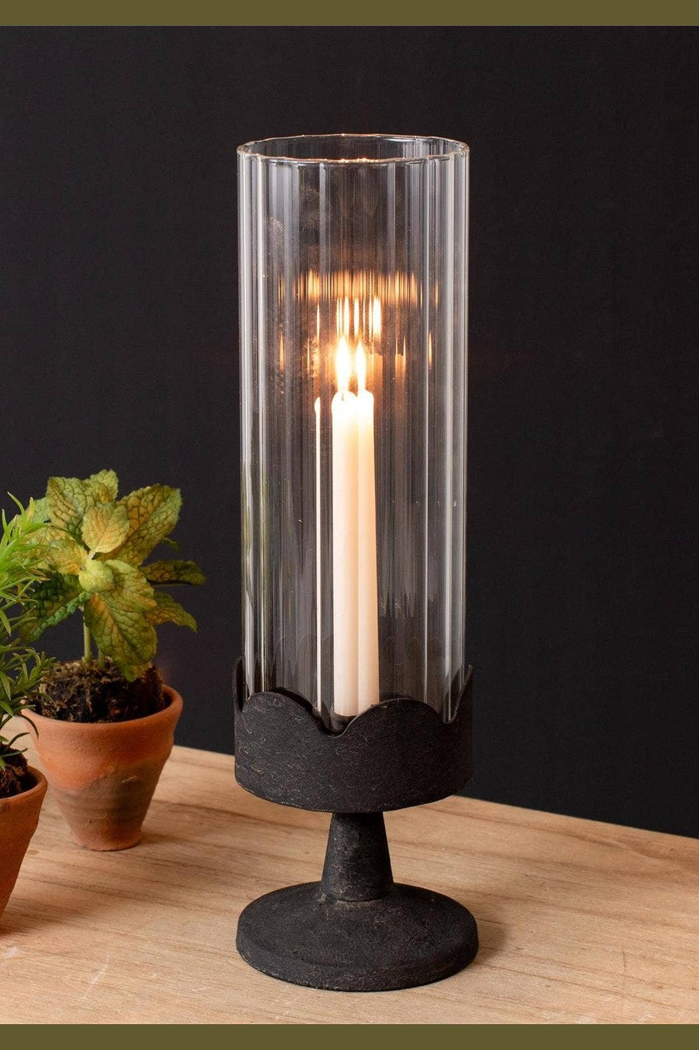 Candle Holder with Dark Pedestal Base, Glass Cylinder