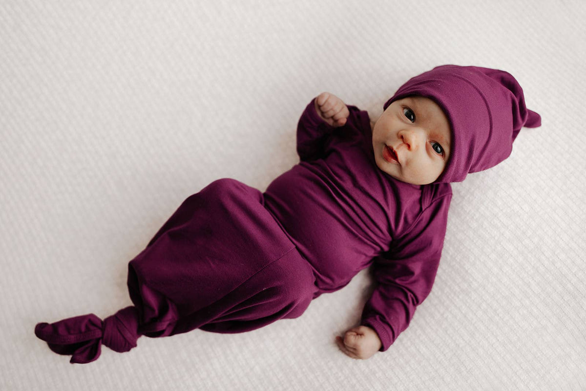 Plum Purple Knotted Newborn Baby Gown : Plum Gown With Bow